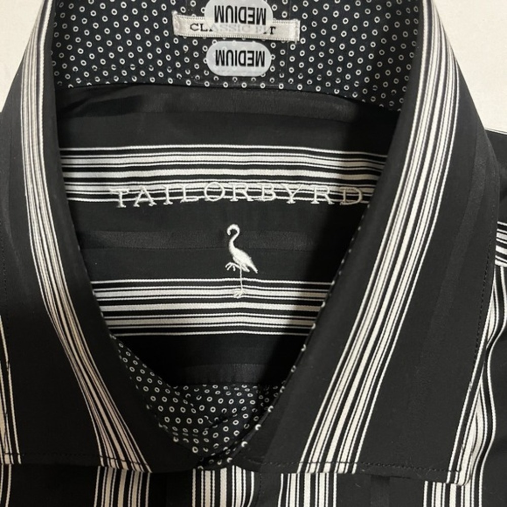 TailorByrd Mens Dress Shirt Medium Black White Stripe Contrast Cuff 100% Cotton - Picture 3 of 9